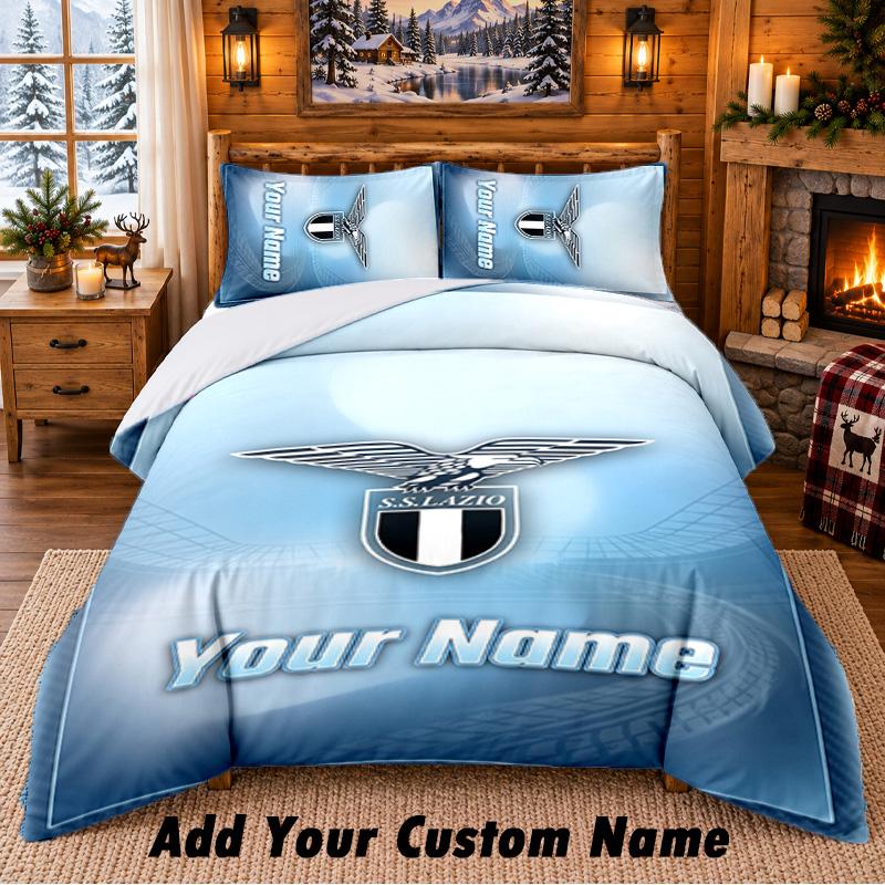 Lazio FC Pattern Bedding 3Pcs Set Custom Name, Bed Sheet And Pillowcases For Home Bedroom