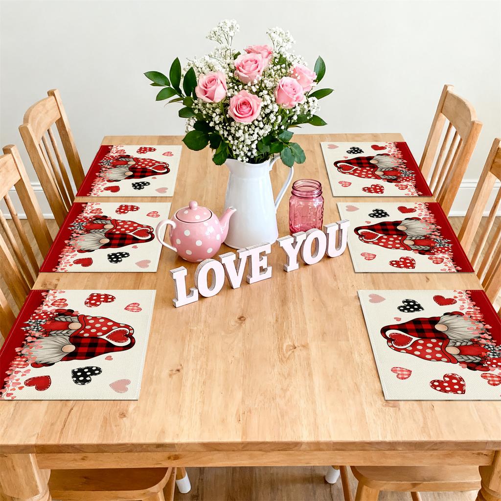 1-Set Gnome Couple Placemats - Buffalo Plaid & Polka Dots with Hearts & Bows, Hand Washable Table Mats Suitable for Valentine's Day