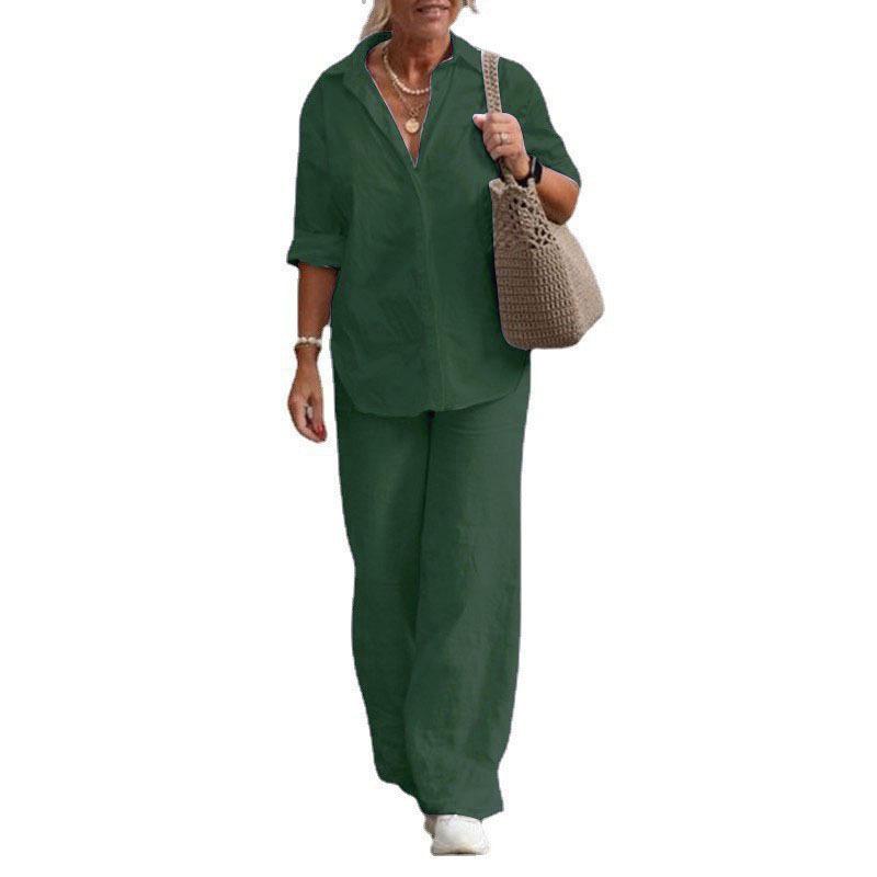 European and American Cross-border Women's Clothing Two-piece Set Women's 2026 Lapel Collar Long-sleeved Shirt Spring and Autumn Casual Solid Color