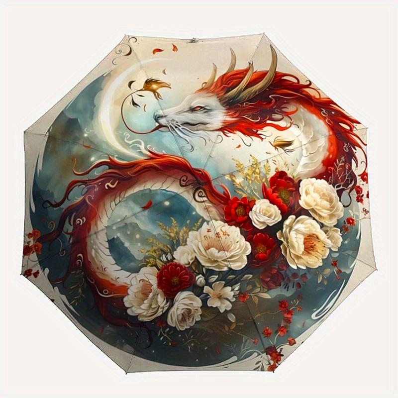 1pc Floral Serpent Fully Automatic Folding Portable Umbrella, 8 Iron Frames, Three-Fold Design, Suitable for All Seasons, Suitable for Outdoor Us
