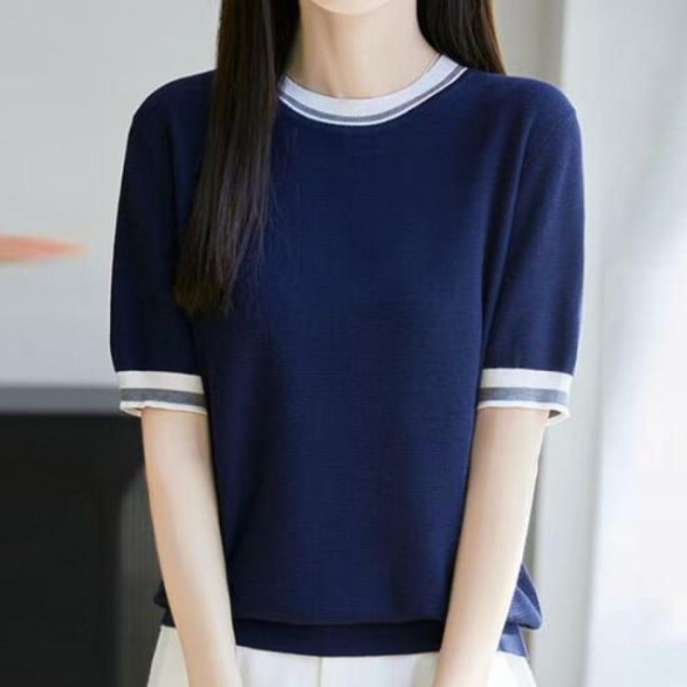 Navava Women Color Block Round Neck Short Sleeve Knit Tee Nk3013