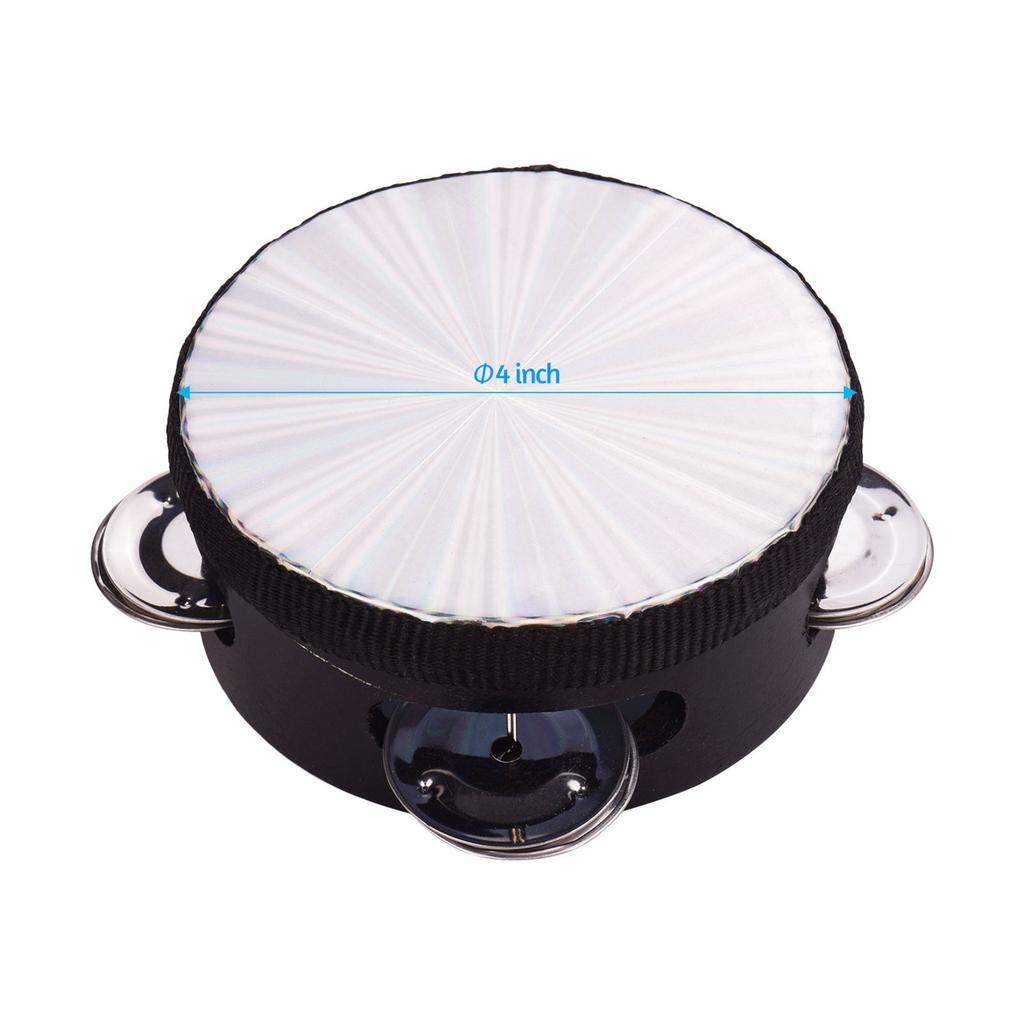 4 Inch Wooden Radiant Tambourine Handbell Hand Drum with Single Row Jingles Reflective Drum Head Percussion Instrument
