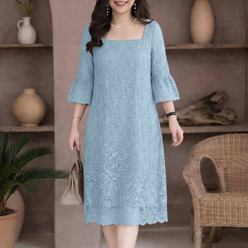 ZANZEA Women Square Collar 3/4 Sleeve Casual Lace Patchwork Elegant Dress