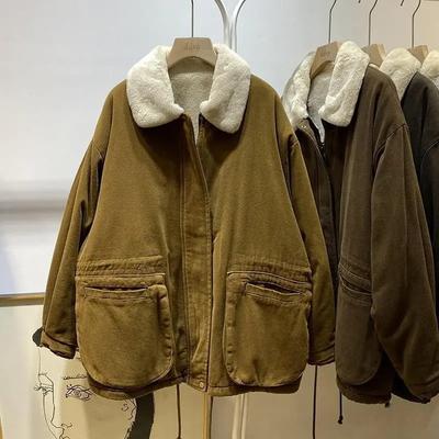 Coats for Women Winter Cotton Jacket Thickened Velvet Fur Collar Waist-cinching Loose Casual Coat Top