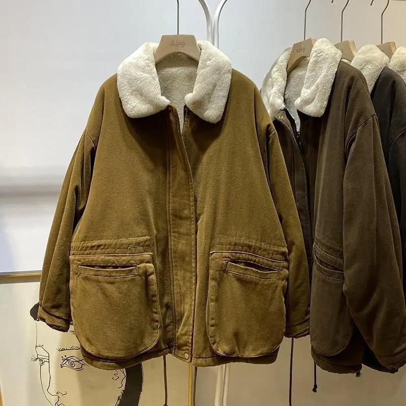 Płaszcze dla Kobiet Zimowa Kurtka Bawełniana Pogrubiona Aksamitny Kołnierz z Futra Talia Ściągana Luźny Casualowy Płaszcz Top