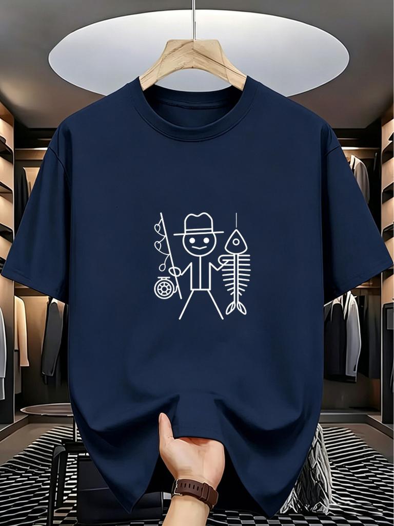 Men's Fun Stick Figure Fishing Print T-Shirt, Loose Fit Casual Short Sleeve, Fishing Enthusiast Exclusive Fisherman Graphic Street Style Top
