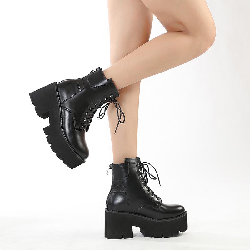 Trend Martin Boots High Heel Platform Front Lace-Up Round Head Locomotive Boots Black Rear Zipper Medium Boots Women's Boots