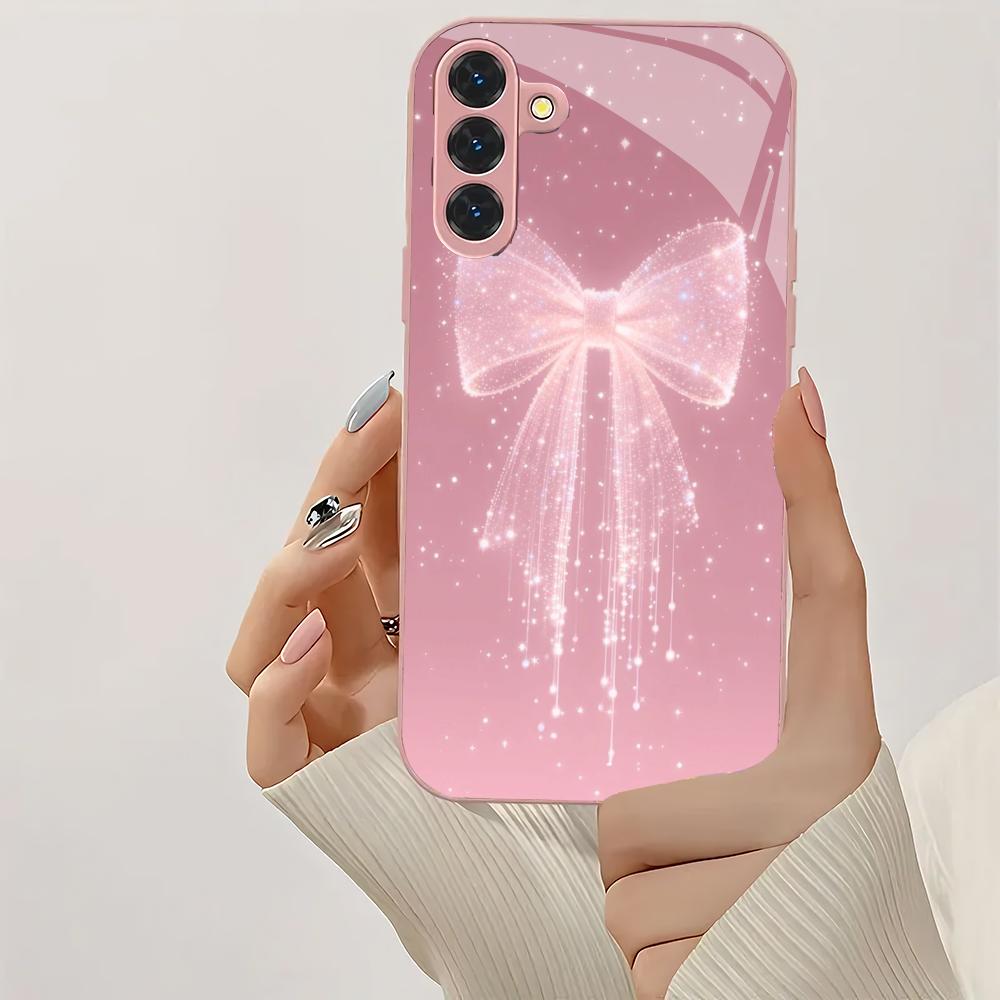 Pink bow design glass phone case suitable for Samsung Galaxy S26 S25 S24 S23 S22 S21 S20 FE/Ultra/Plus shockproof back cover