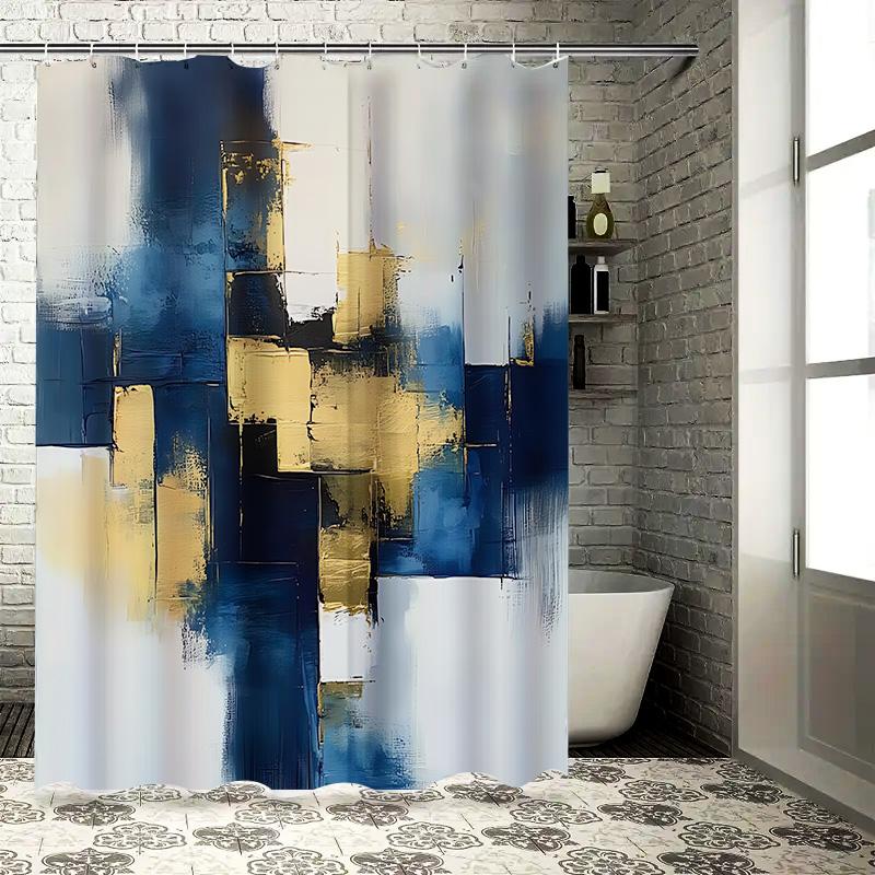 Abstract Art Shower Curtain For Bathroom Decor - Modern And Elegant Blue And Gold Design - Waterproof And Durable  Easy-Clean