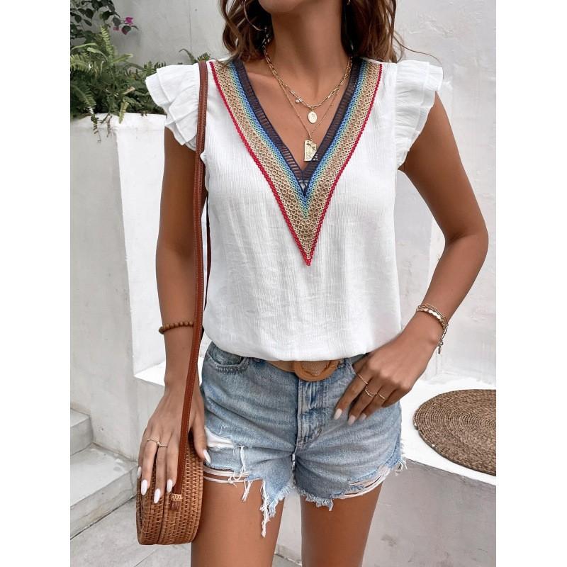 Womens V-Neck Sleeveless Blouse With Lace Trim Ruffle Sleeves Pure Color Tricell Fabric Top Office Casual Wear Small белый