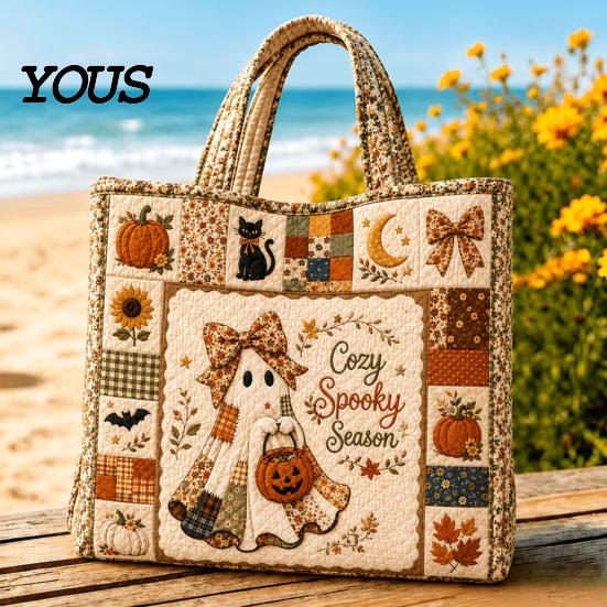 Katzenmotiv Wiederverwendbare Einkaufstasche Halloween Gesteppte Tragetasche, Kürbis Geist Aufdruck Schulter Leichte Pendler Tasche Polyester Handtasche für Freizeit