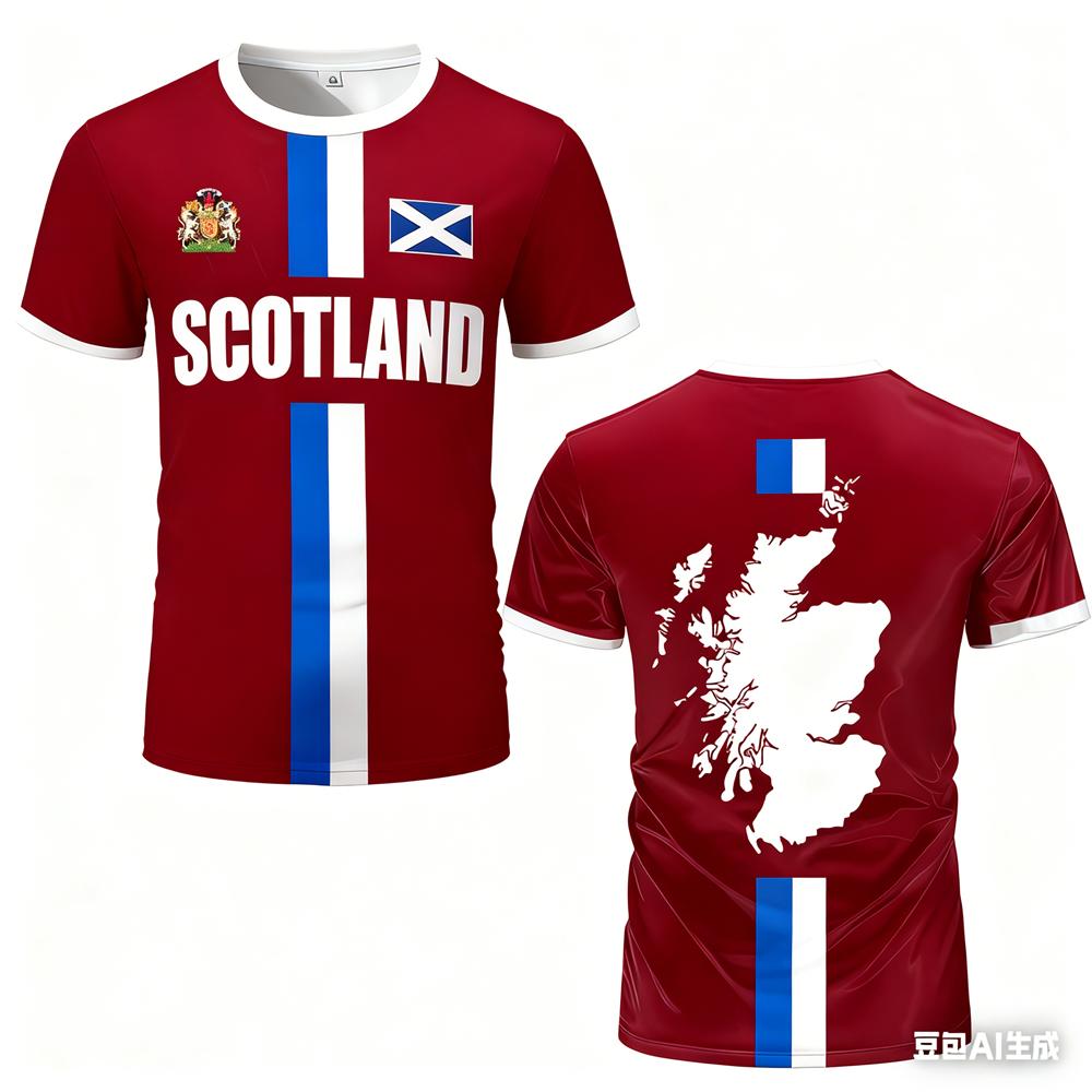 Scottish Flag Merlot Football T-shirt Fashionable Casual Men's Sportswear Summer Outdoor Fitness Short Sleeved Round Neck Tops
