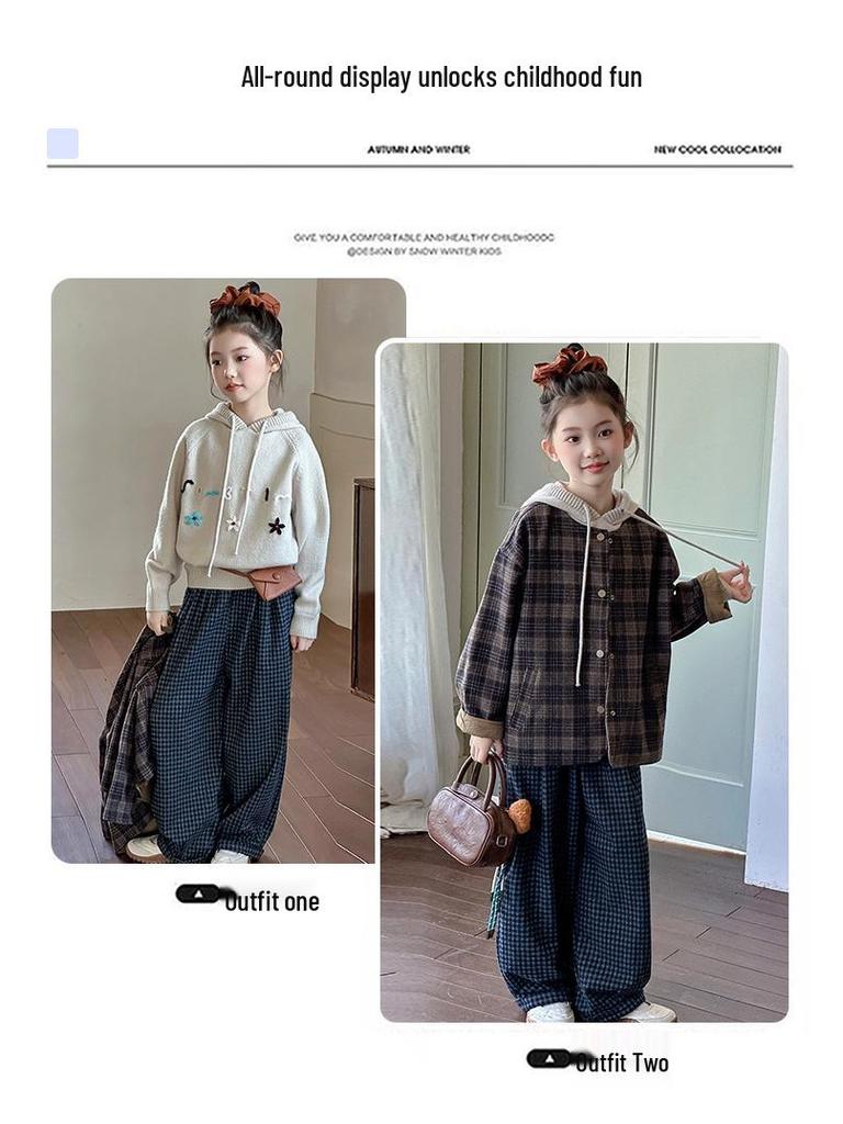 Girls' Fashion Plaid Sweater and Pants Set for Spring and Autumn 2025