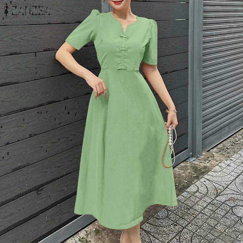 ZANZEA Women Casual V-Neck Summer Short Sleeve Long Dress