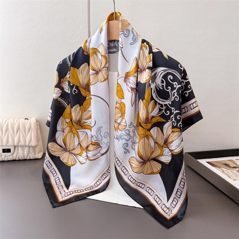 

Весенне-летний высококачественный атласный шарф из искусственного шелка с принтом, большой квадратный шарф, шелковый шарф, шаль, головной платок, шарф для защиты шеи 90*90cm