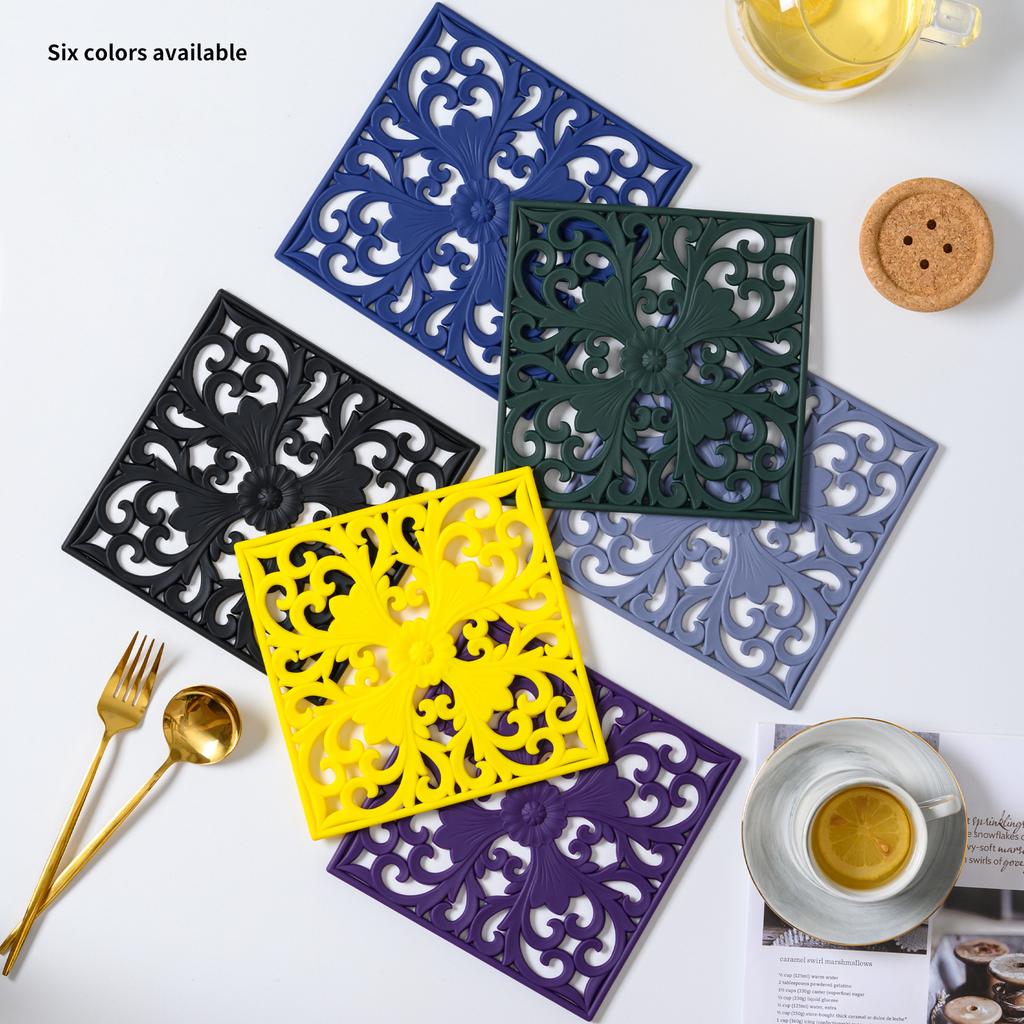 3Pcs/Set 18x18cm Scald Preventing Pot Holder Silicone Pad Hollow Flower Heat Insulation Square Mat