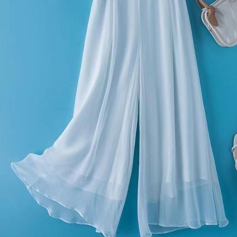 Pantaloni estivi a vita alta in chiffon a gamba larga da donna - Doppio strato drappeggiato danza vestibilità ampia lunghezza 9/10 pantaculotte gonna pantaloni