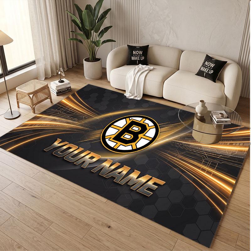 Benutzerdefinierter Teppich Boston Bruins Muster Druck Name Text Weicher Rutschfester Bodenbelag für Heim-Innenraumdekoration