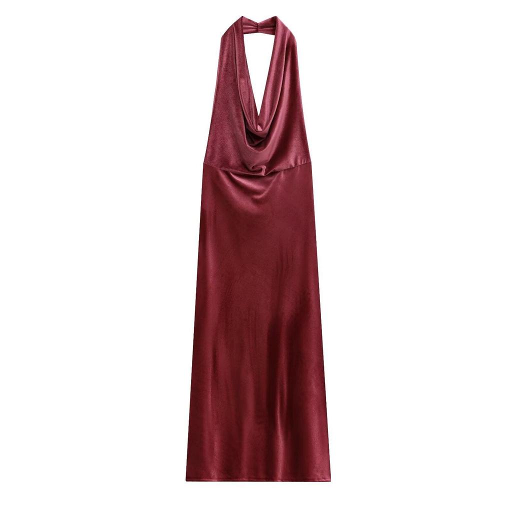 Velvet Halter Neck Backless A-line Midi Dress - Spring & Autumn Women's European Style