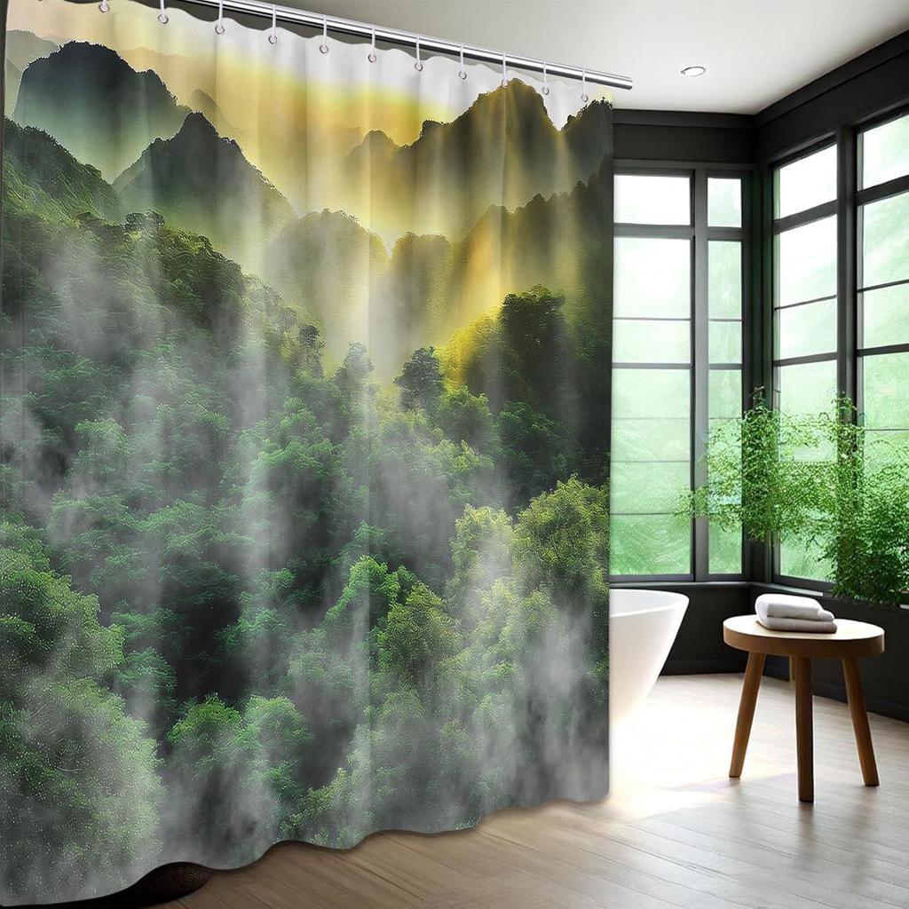 Tenda Doccia Foresta Nebbiosa Natura Montana Panoramica Verde Arredo Bagno, Tessuto Impermeabile con Ganci 70" L x 72" A