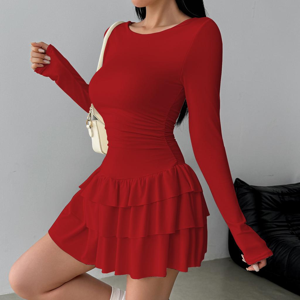 Autumn Winter Women's Solid Color Slim Fit Cascading Ruffles Mini Dress Women Elegant Flare Sleeve High Waist Sexy Party Bodycon Dresses