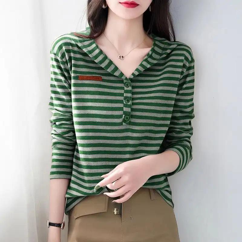 

Women s Striped Hooded Half Button Knit Sweater Casual Long Sleeve Top L зелений