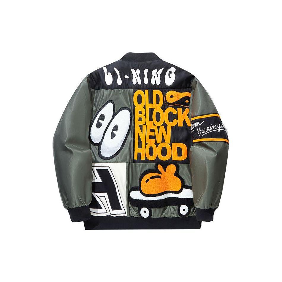 Li Ning X Steven Harrington Letter Splicing Bedruckte Reißverschlussjacke Herrenjacke Luo-Yan-Grün AJMT303-1