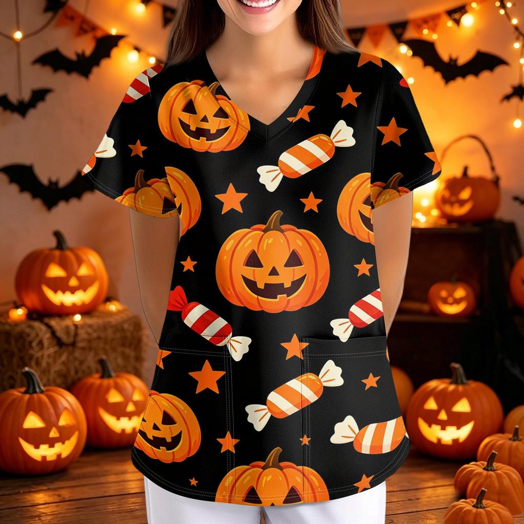 Loose Fit V Neck Short Sleeve Halloween Print Medical Scrub Top with Pockets for Women Comfortable Workwear for Healthcare Professionals
