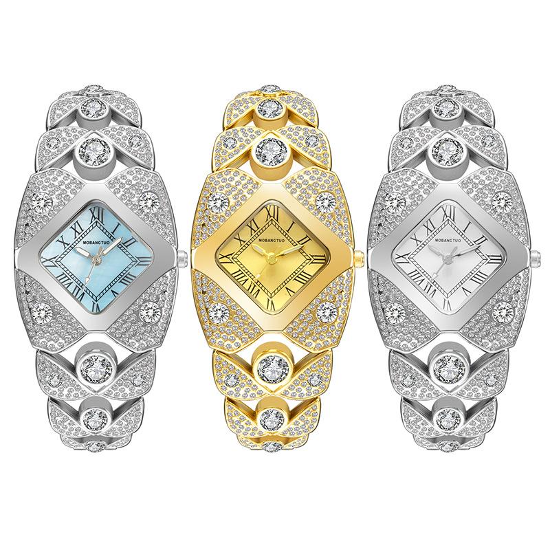 Light Luxury Xiaohongshu Niche Women'S Watch Retro Diamond-Encrusted Bracelet High-End Full Bracelet Diamond Ribbed Square Quartz Watch