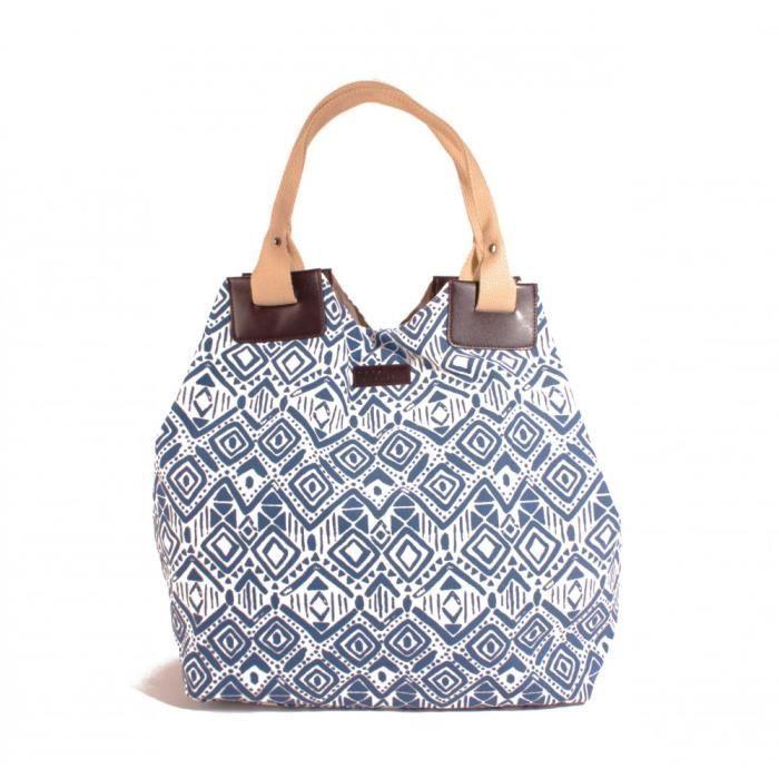 Sac Cabas - MS2O033P10 - Azteque Bleu - 100% Coton+PU - Fermeture Aimantée - Poche Zippée