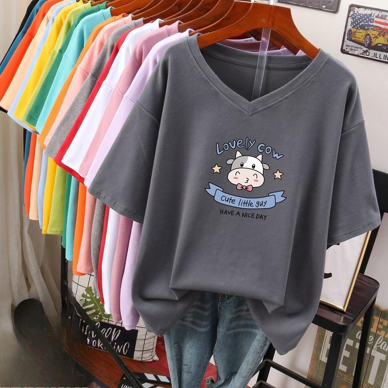 Short-sleeved T-shirt, Loose-fitting, Slimming Printed V-neck Top for Women