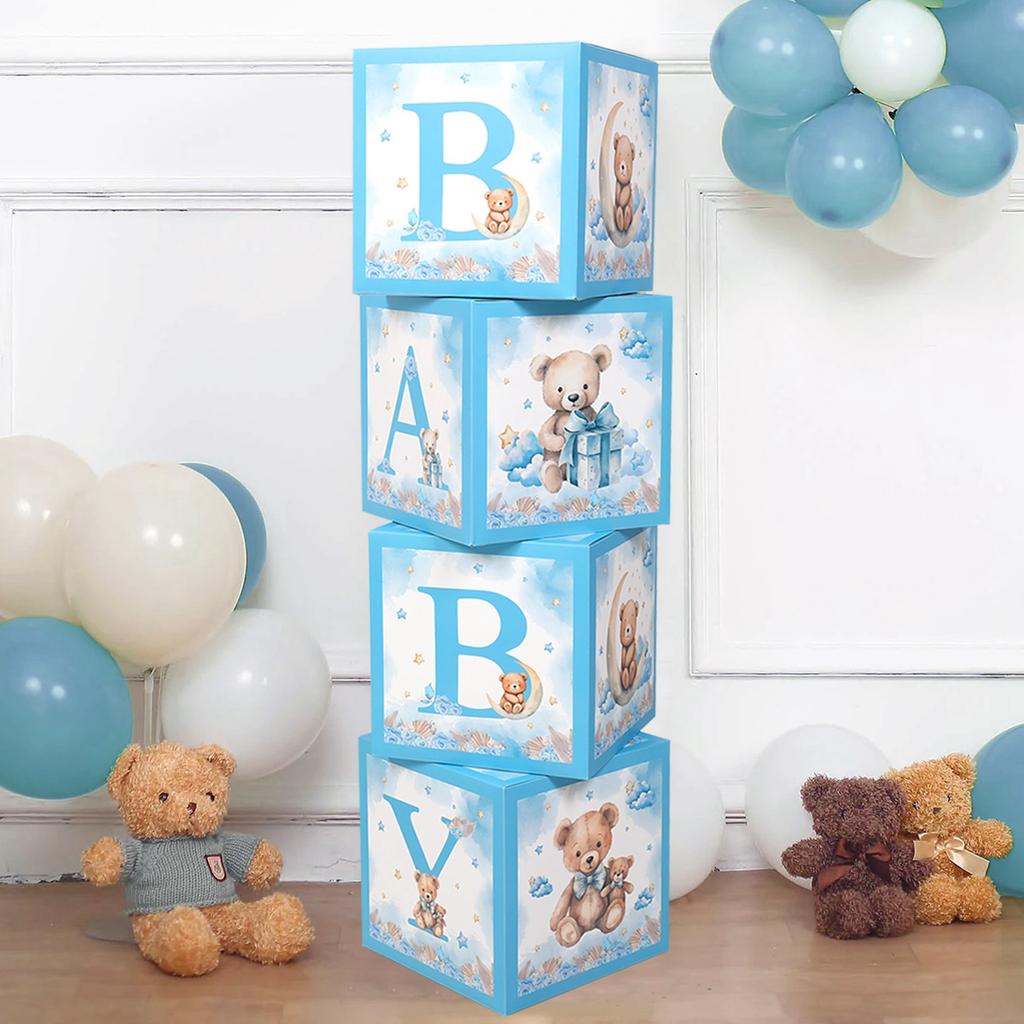 4pcs Blue Baby Shower Box Baby Balloon Box 1st Birthday Party Decor Kids Teddy Bear Baby Shower Boy Girl Gender Reveal Decor