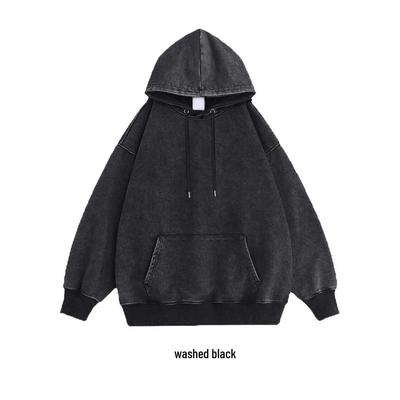 Moletom com Capuz Feminino Preto Lavado Desgastado - Comprimento Médio, Retrô Americano, Caimento Solto para Outono e Inverno