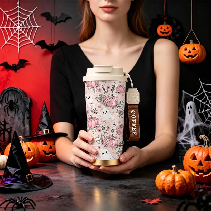 532ml Coffee Cup Halloween Bow Pumpkin Ghost Floral Web MotifPortable Thermos Commuter Coffee Cup Car Portable Cup 532ml Coffee Cup