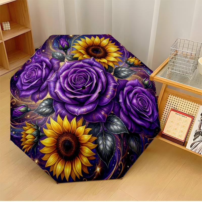 

Purple Roses and Mushrooms Theme Automatic Umbrella Compact 8-Rib Design Sturdy Construction Durable Umbrella Stylish Accessory