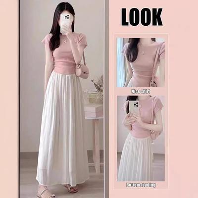 Petite Summer Pink Two-Piece: Short-Sleeved Top & Skirt Set