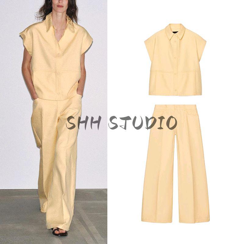 Cotton Blend Lapel Sleeveless Drop Shoulder Design Loose Vest 5216065 Mid Waist Wide Leg Pants 5216064