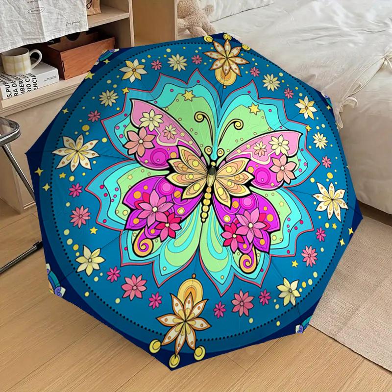 Colorful Butterfly Mandala Automatic Opening Folding Umbrella - Portable 3-Fold Design with Iron Frame -, Travelers, Daily Use - Perfect Gif