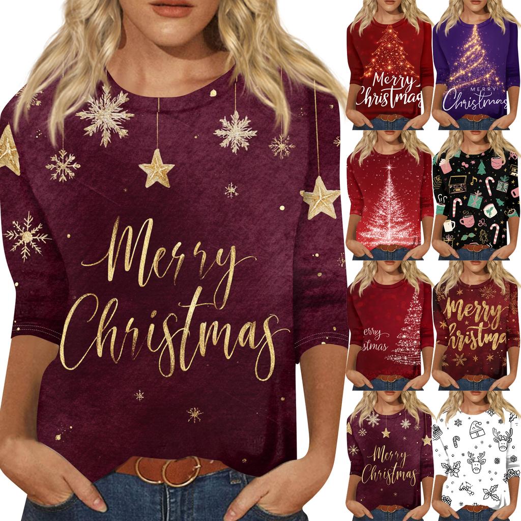 Women's Fashion Casual Round Neck Three-quarter Sleeve Christmas Print T-shirt Top