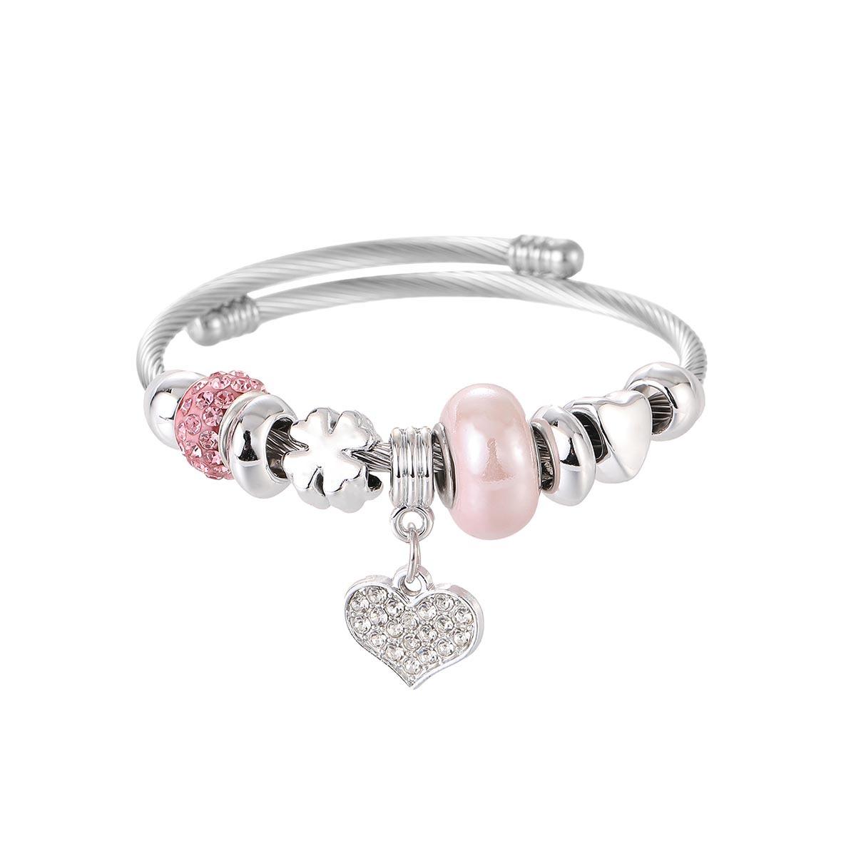 

Sweet Pink Beaded Bracelet Fashionable Stainless Steel Charm Bangle For Women Girls