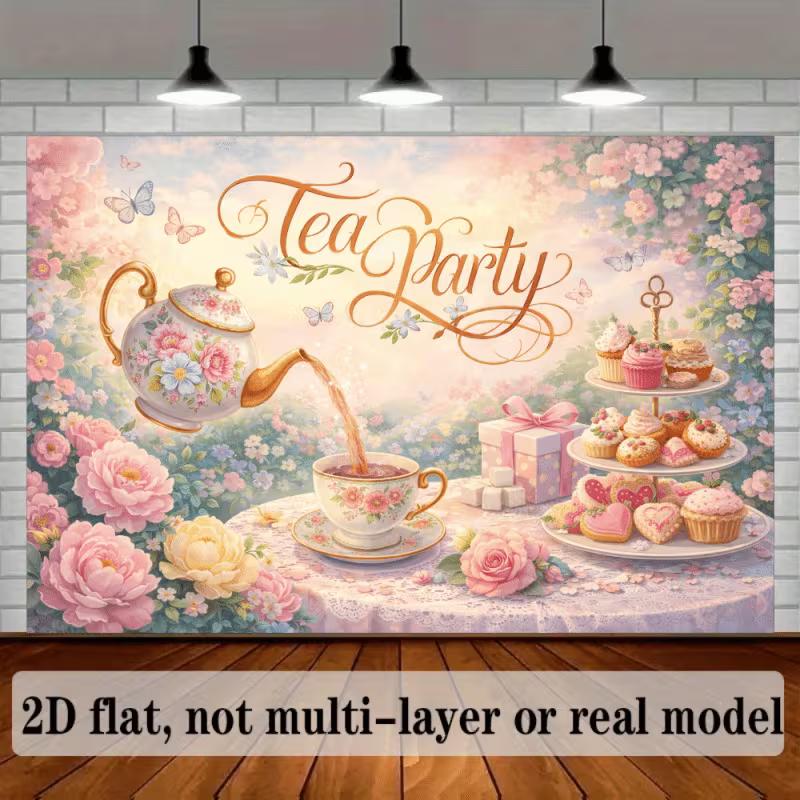 2D Flat Printing Tea Party Backdrop Magical Teapot & Butterfly Party Background