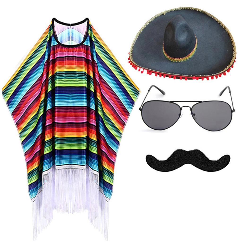 Mexicans Party Outfit for Kids Adult with Poncho Cape Sombrero Hat Sunglasses Maracas and Mustache for Interactive Fun