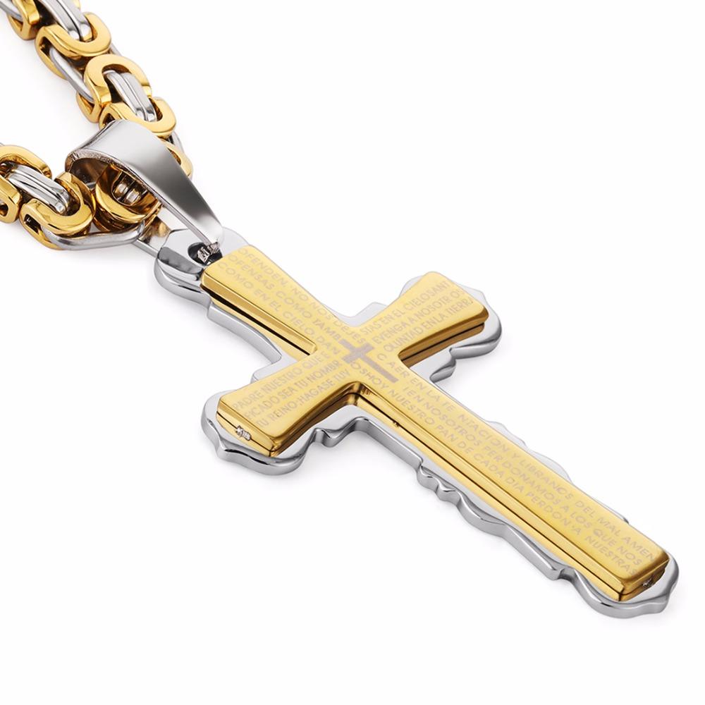 New Simple Cross Pendant Necklaces with Mystery Words Gold Color Stainless Steel Byzantine Chain Men Jewelry 6mm MN77