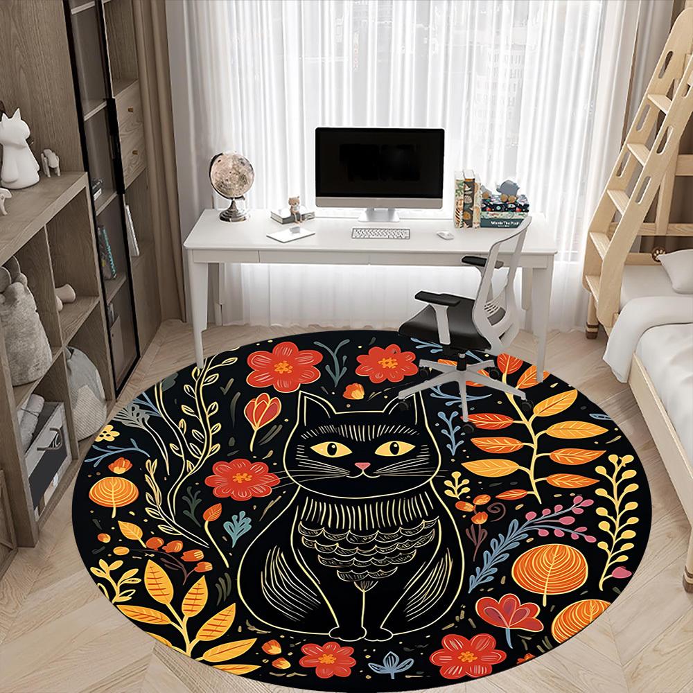 1pc Cat Flowers Office Round Area Rug, Under Office Chairs Bedroom Living Room Home Decor, Room Deco