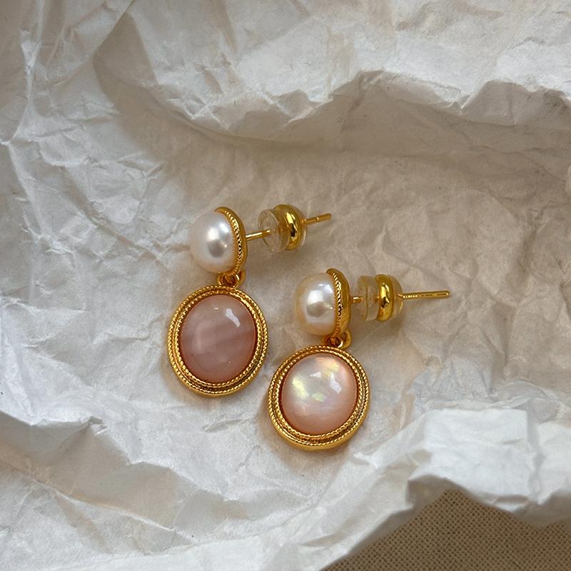 S925 sterling silver needle Maillard pearl earrings women's retro relaxed temperament natural tiger's eye stone earrings