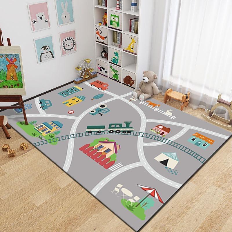 Kids City Road Play Rug Cartoon Train Car Print Non-Slip Play Area Rug Fun Educational Traffic Themed Floor Mat for Kids Bedroom