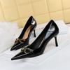 Red White Metal Buckle Wedding Shoes Women  New Patent Leather Shallow High Heels Pumps Fashion Pointy Toe Party Shoes Woman