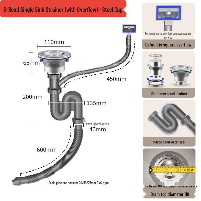 LISMS Stainless Steel Kitchen Sink S-Bend Drainer Set