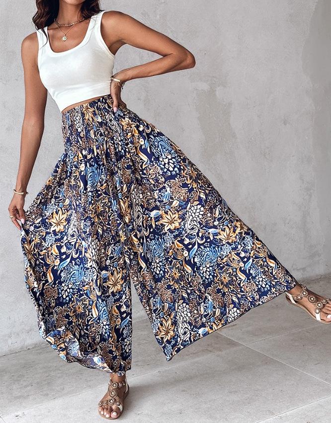 2024 Retro Floral Print Waist-Cinching Wide-Leg Pants for European and American Women