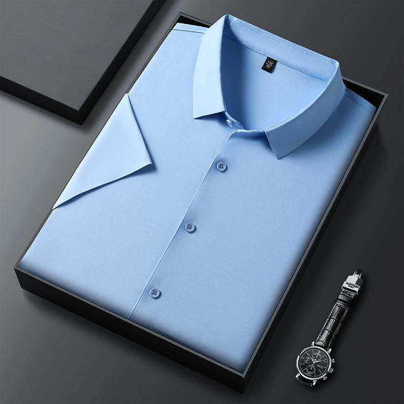 New Men's Business Casual Solid Color Short Sleeved Shirt for Summer Fashion No Ironing Comfortable and Versatile Top